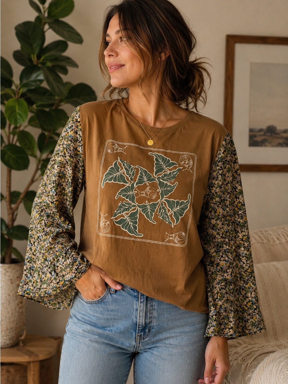 EARTHBOUND Brown Floral-Sleeve Long-Sleeve Tee - Picture 1 of 6